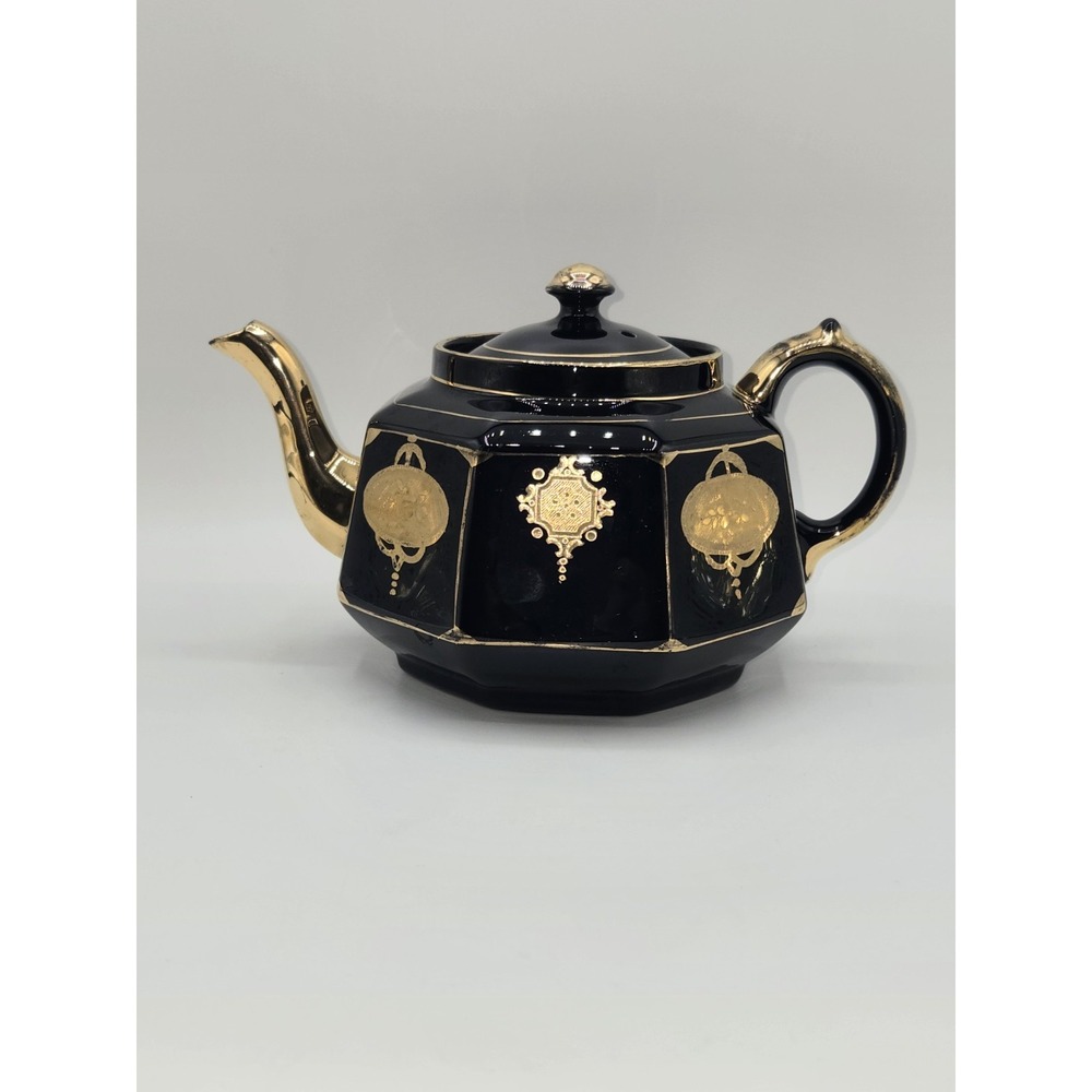 Gibson & Sons Black Celt Teapot Gold Transferware Burslem England Octagonal